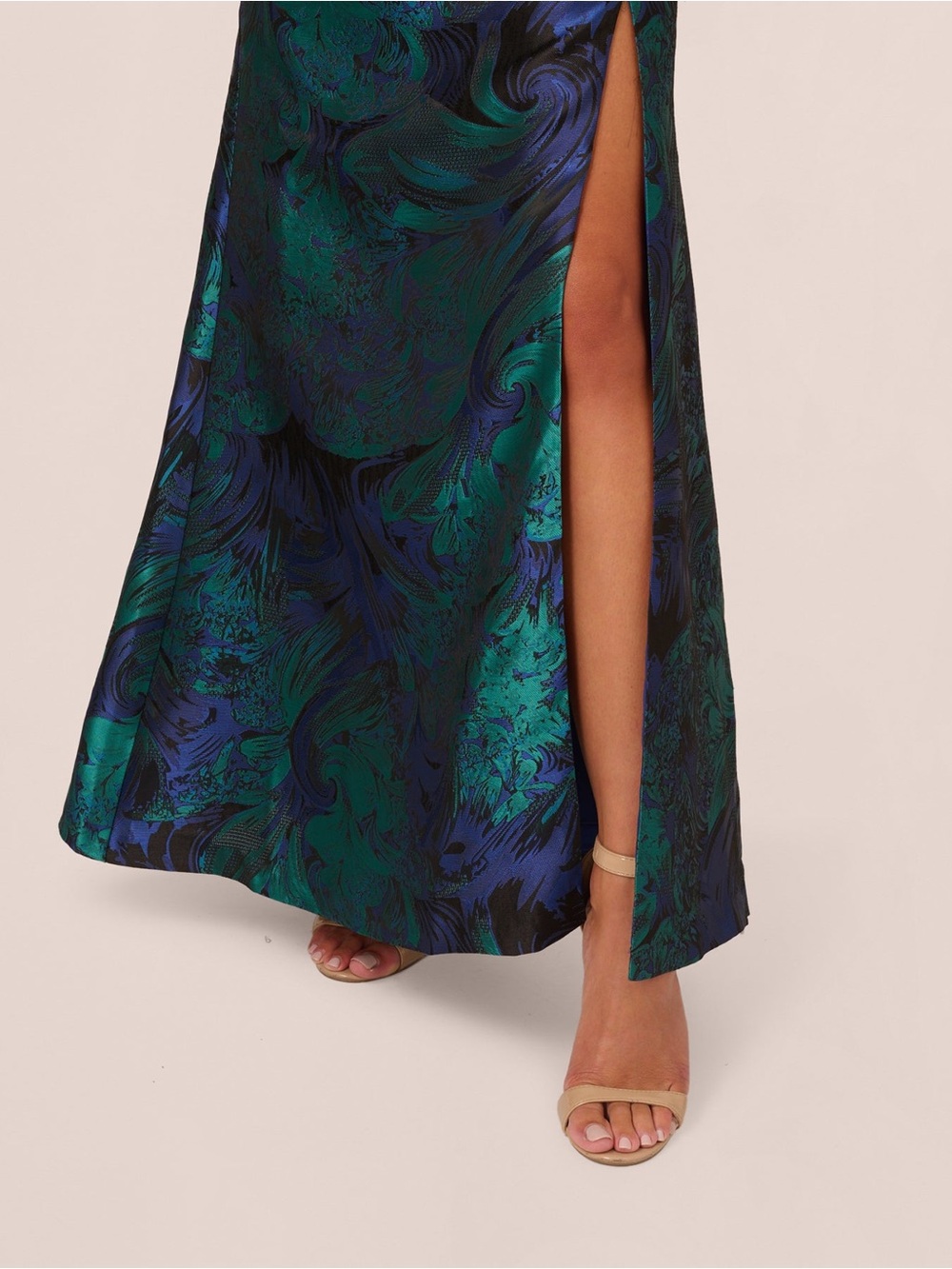 Adrianna Papell One-Shoulder Emerald & Navy Jacquard Gown - Picture 6 of 8
